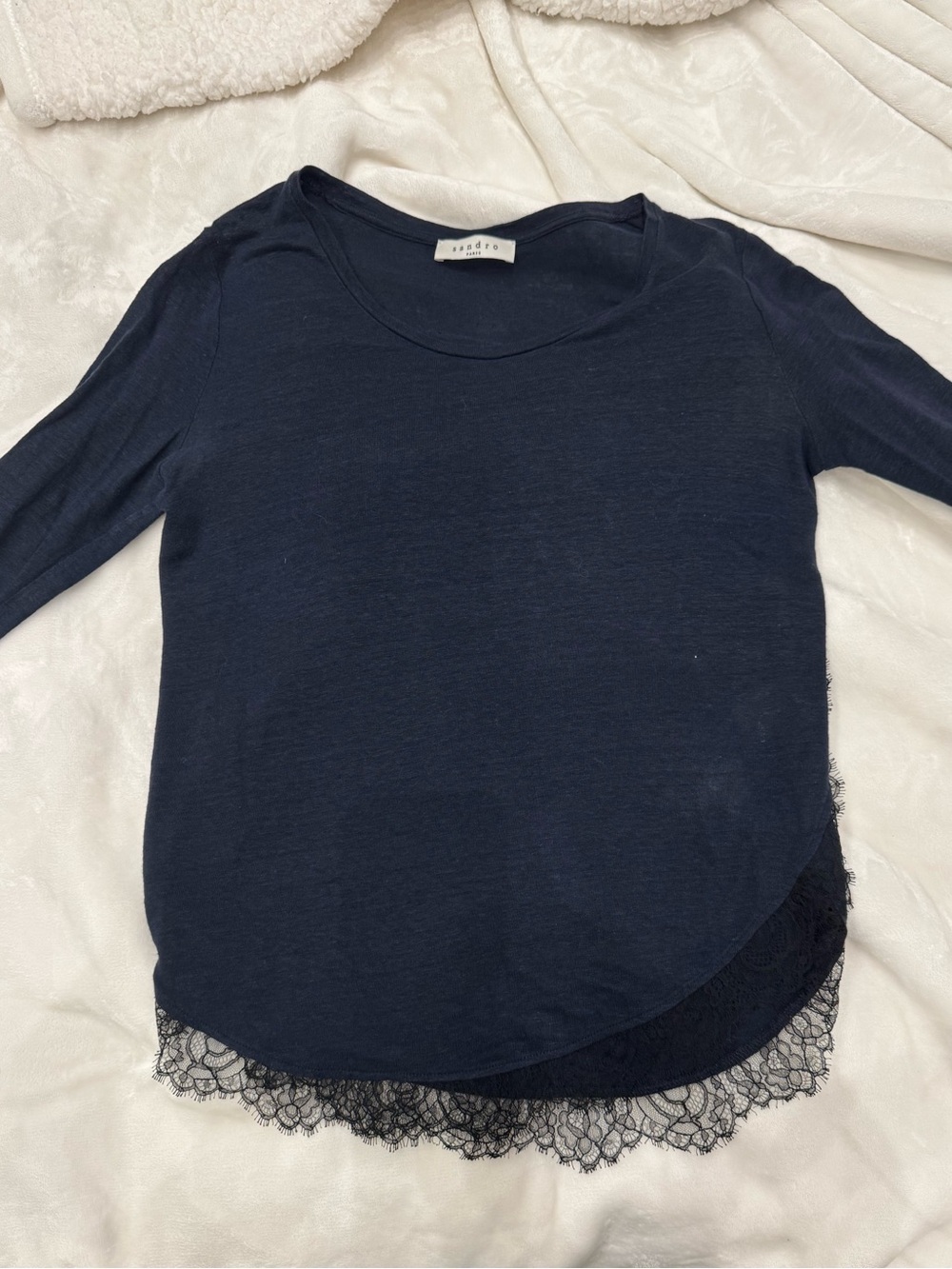 Sandro Navy Lace Hem Long Sleeve Top